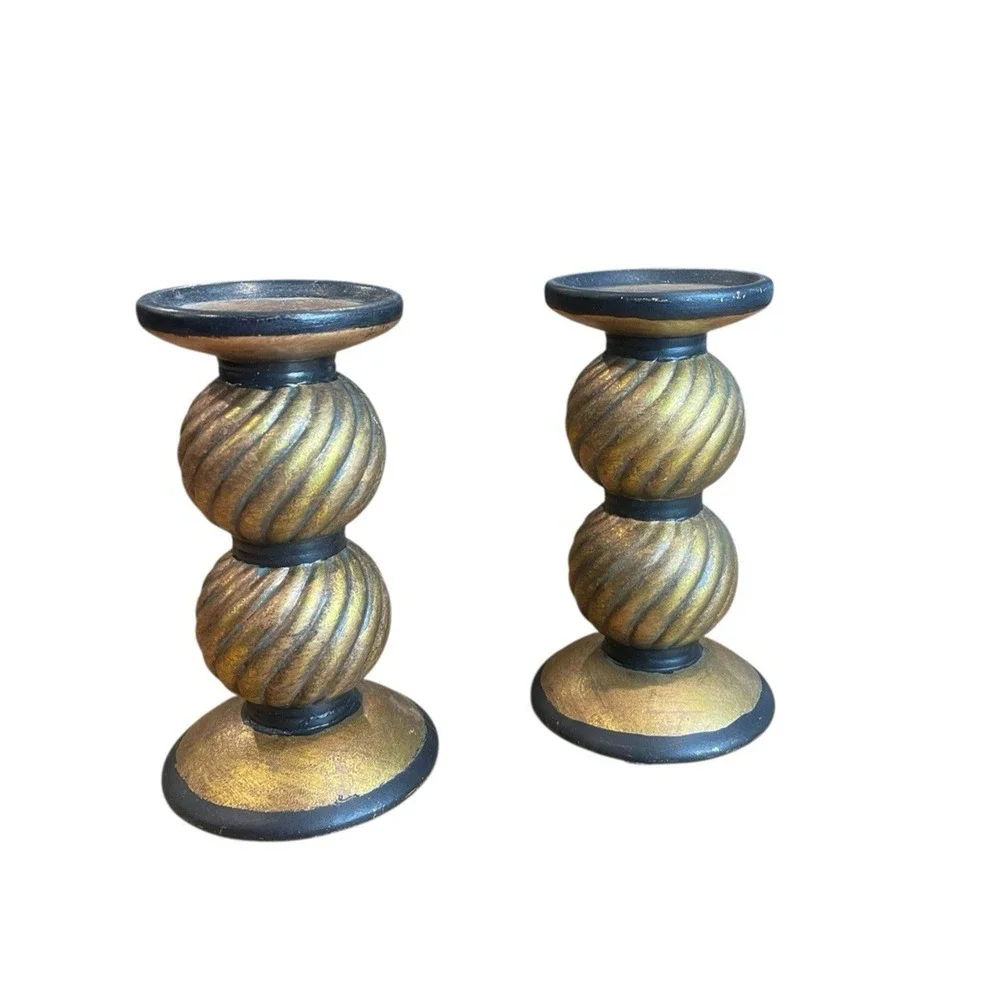 Vintage Candle Holders Antique Gold Chunky Pillar Candle Holders Set of 2